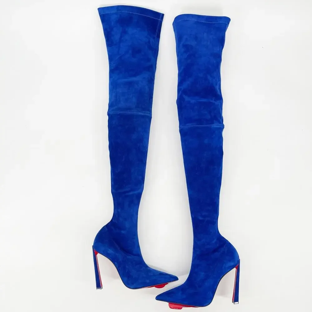 Christian Louboutin Condora Botta Alta Galactiqueen Blue Suede OTK Boots EU 37